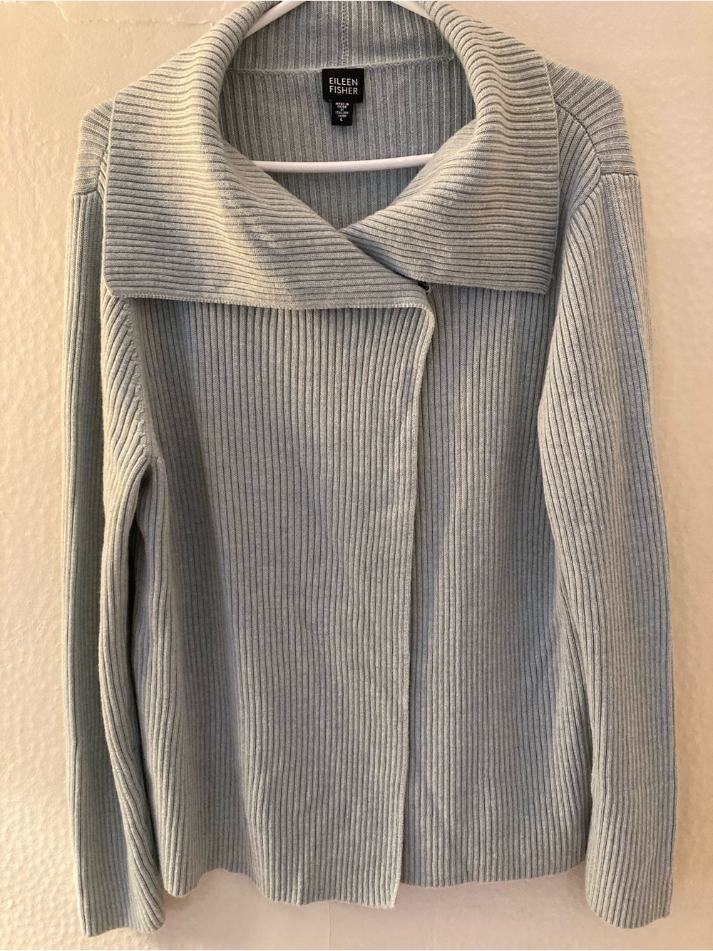 New 100% Merino Wool Eileen Fisher Light Blue Ribbed Collar Cardigan Sweater